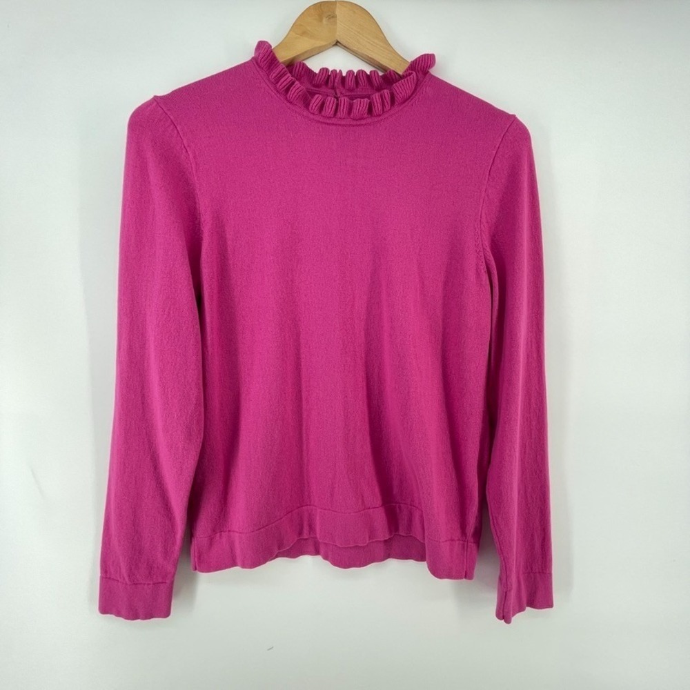J Crew Sweater Women M Pink Ruffle Mock Neck 100% Cotton Pullover Long Sleeve